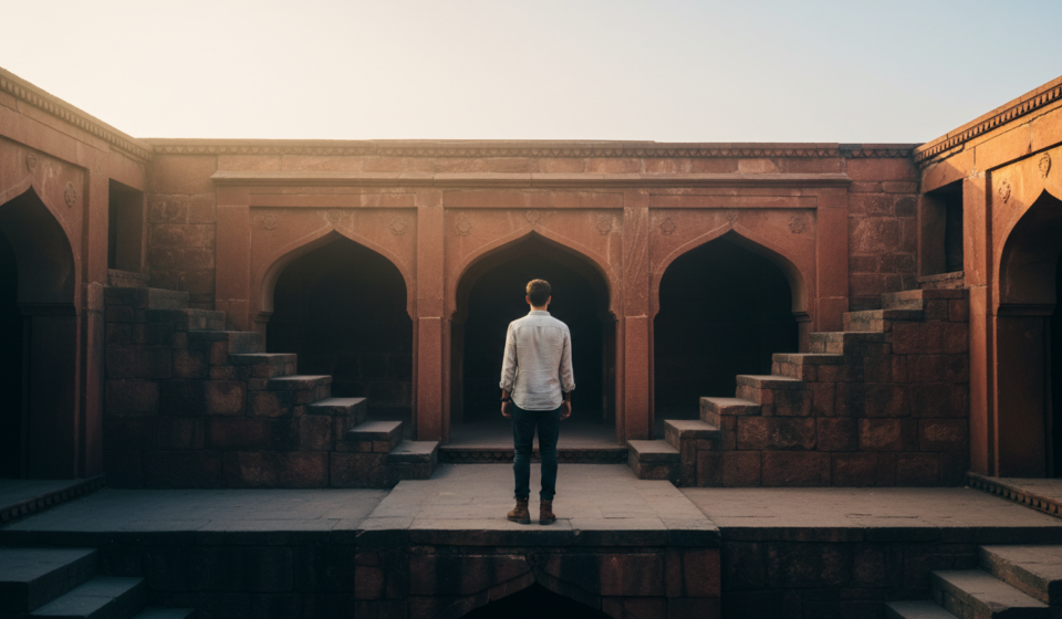 15 Hidden Places to Visit in Delhi: Offbeat City Guide Deep stone stepwell arches of Agrasen Ki Baoli in Delhi illuminated by warm morning sunlight.