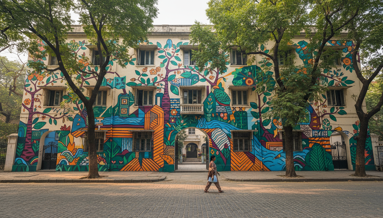 15 Hidden Places to Visit in Delhi: Offbeat City Guide 1 A large vibrant mural painted across a historic residential building facade along a quiet street in Lodhi Colony.