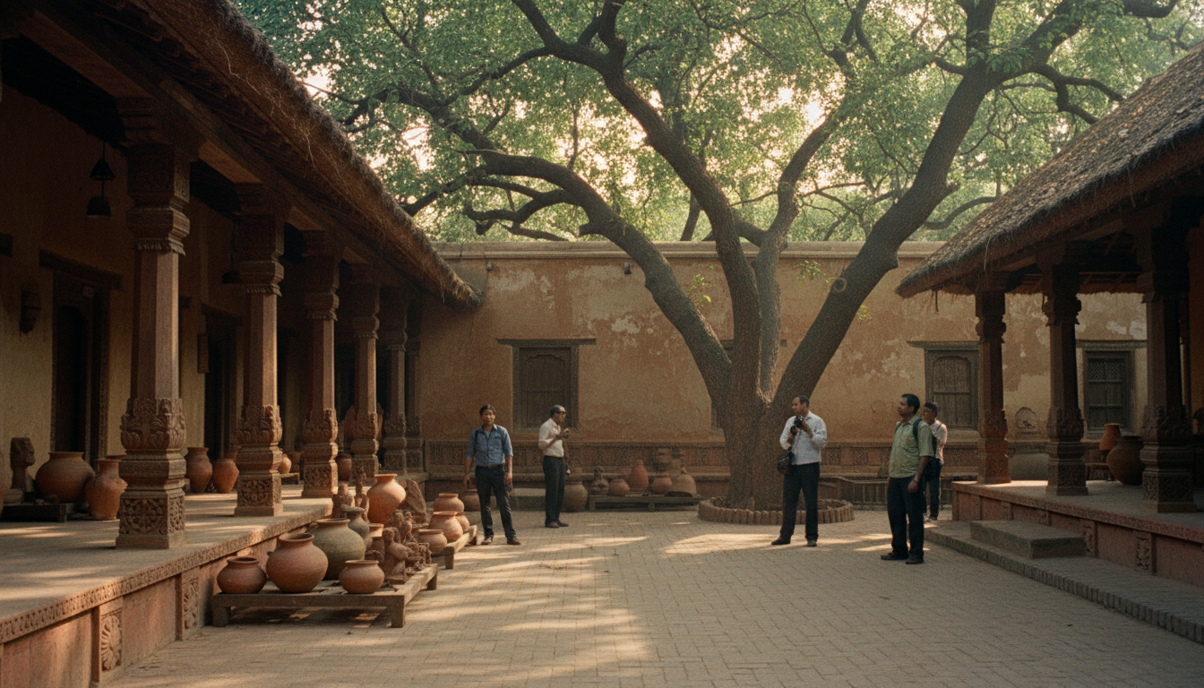 15 Hidden Places to Visit in Delhi: Offbeat City Guide 2 Traditional mud walls and carved wooden pillars inside the open-air village courtyard of Delhi's Crafts Museum.