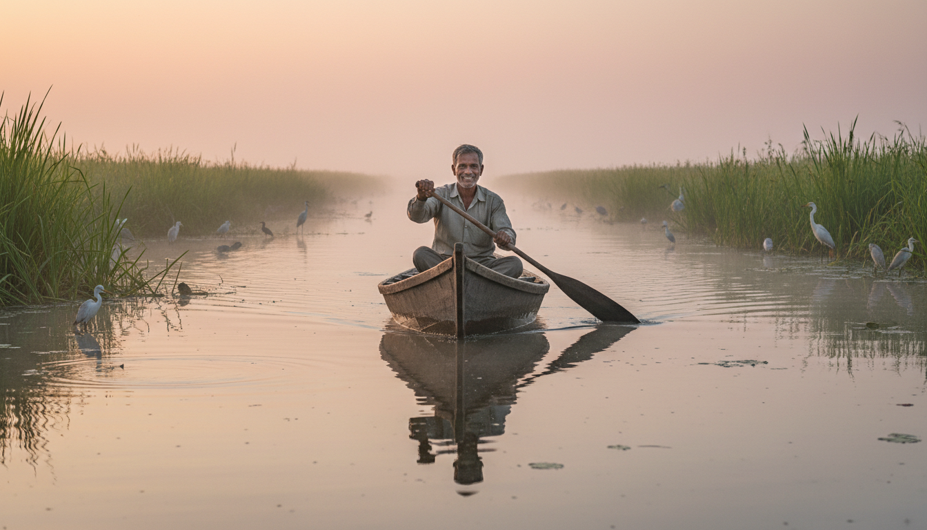 A local guide paddling a wooden canoe through calm wetland marshes at Mangalajodi during sunrise.