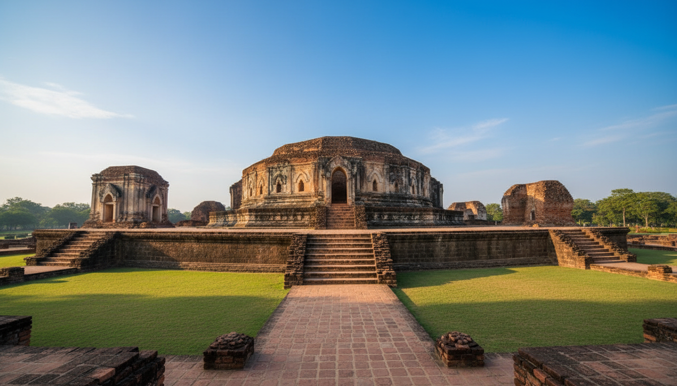 Ancient brick stupa ruins of Vikramshila University surrounded by manicured green lawns under afternoon light.