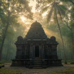 Ancient black basalt stone temple surrounded by dense tropical rainforest and morning mist in Goa.