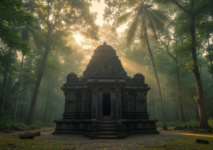 Ancient black basalt stone temple surrounded by dense tropical rainforest and morning mist in Goa.