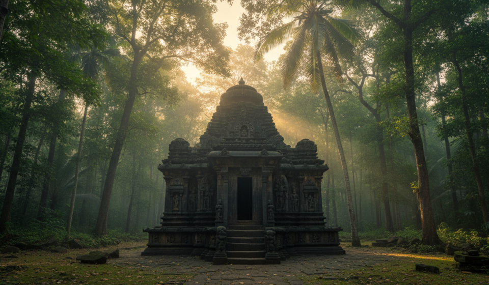 15 Hidden Places to Visit in Goa Beyond Beaches & Nightlife Ancient black basalt stone temple surrounded by dense tropical rainforest and morning mist in Goa.