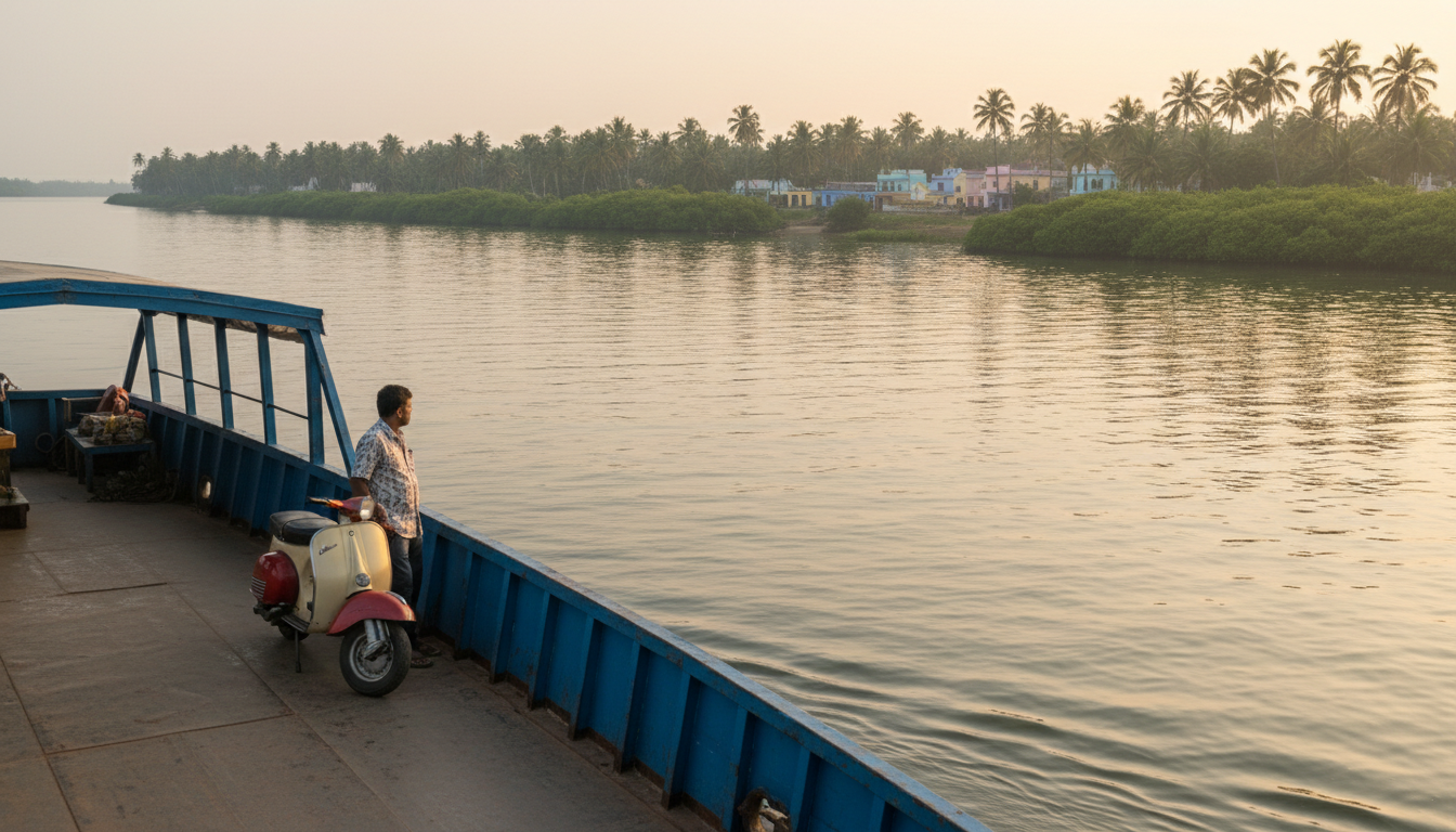 15 Hidden Places to Visit in Goa Beyond Beaches & Nightlife 1 A blue river ferry transporting passengers and a scooter across the Mandovi River toward Divar Island.