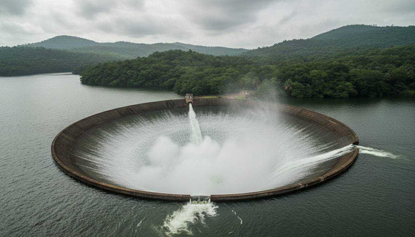 15 Hidden Places to Visit in Goa Beyond Beaches & Nightlife 2 Water pouring dramatically into the circular concrete duckbill spillway at Salaulim Dam surrounded by green hills.