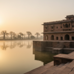 Stone palace of Jahaz Mahal in Mandu surrounded by morning mist on a calm December lake.