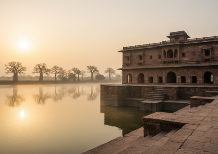 Stone palace of Jahaz Mahal in Mandu surrounded by morning mist on a calm December lake.