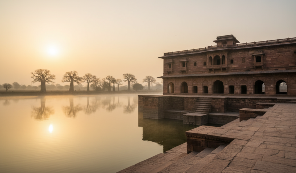 Stone palace of Jahaz Mahal in Mandu surrounded by morning mist on a calm December lake.