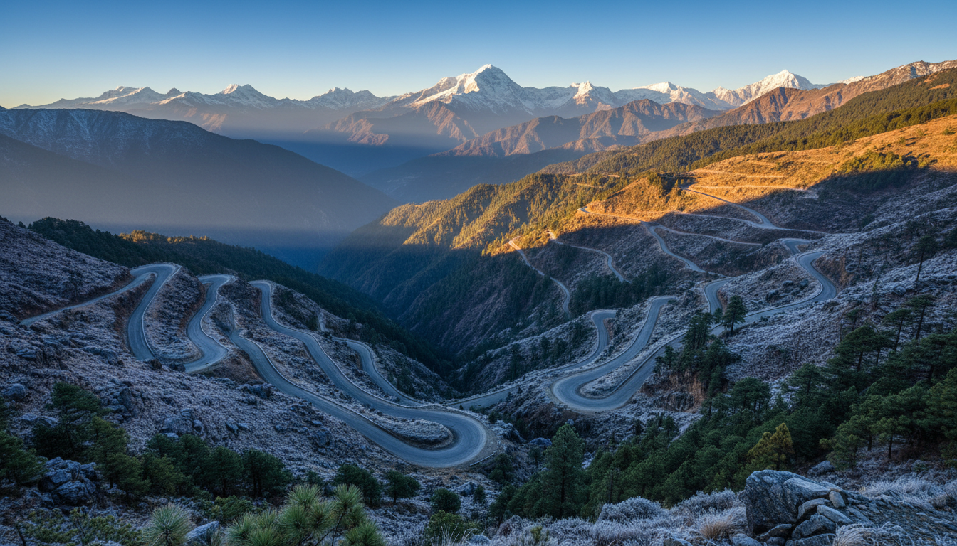 Winding hairpin turns of the Zuluk Silk Route road in Sikkim under clear winter sunlight.