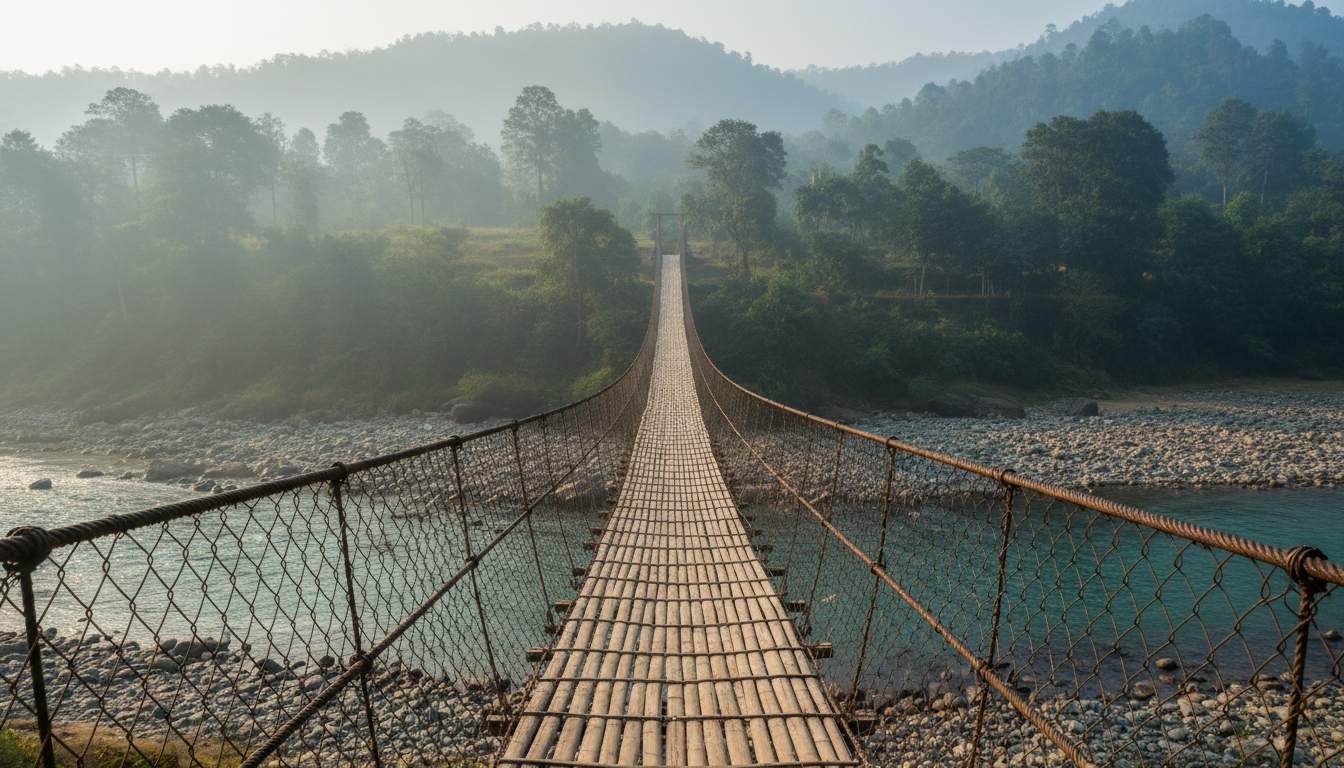 Long traditional cane hanging bridge spanning a clear turquoise river surrounded by forested hills.
