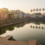 Stone steps surrounding the ancient Banganga Tank stepwell reflecting soft morning light in Mumbai.
