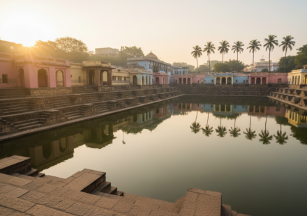 Stone steps surrounding the ancient Banganga Tank stepwell reflecting soft morning light in Mumbai.