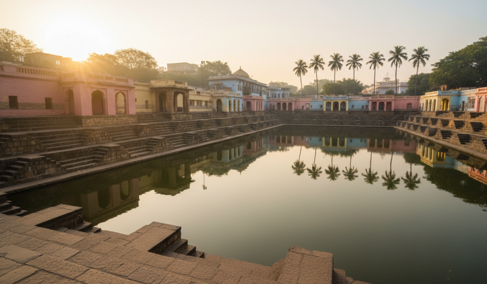 Stone steps surrounding the ancient Banganga Tank stepwell reflecting soft morning light in Mumbai.