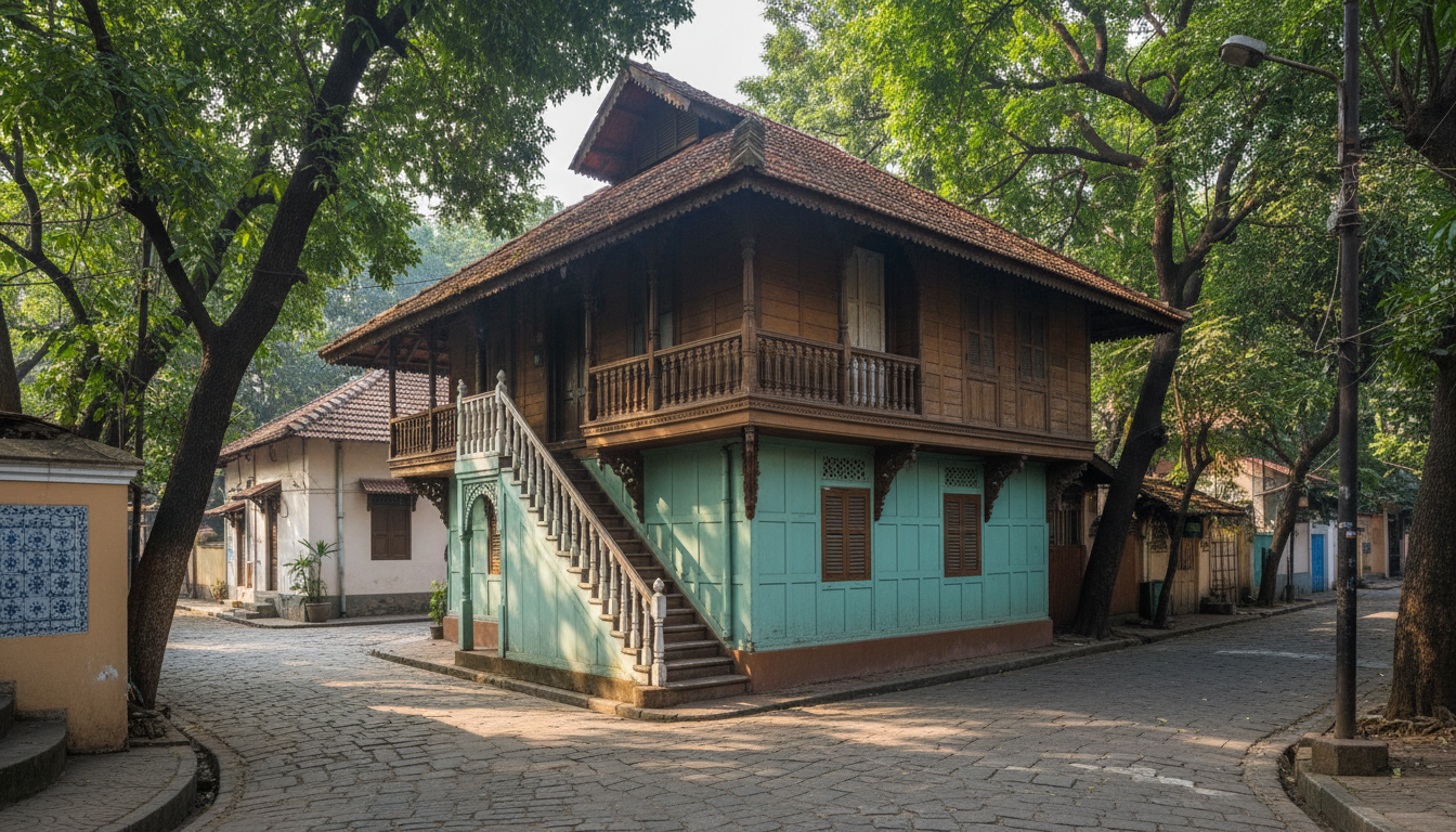 A vintage pastel-painted Portuguese-style wooden house with an exterior staircase in Khotachiwadi, Mumbai.