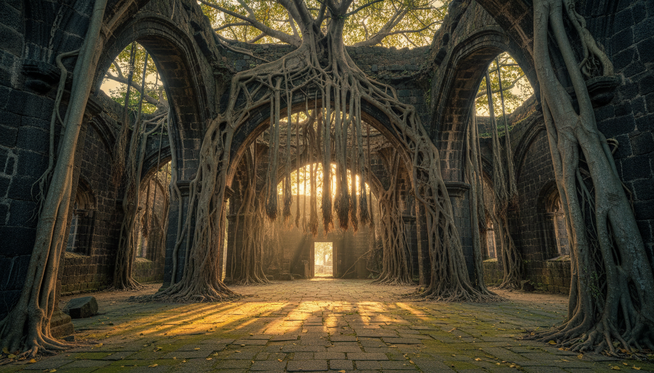Banyan tree roots growing over ancient Portuguese stone church arches inside Vasai Fort near Mumbai.