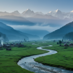 High-angle view of a serene valley in North East India with pine trees, a winding river, and wooden houses under mist.
