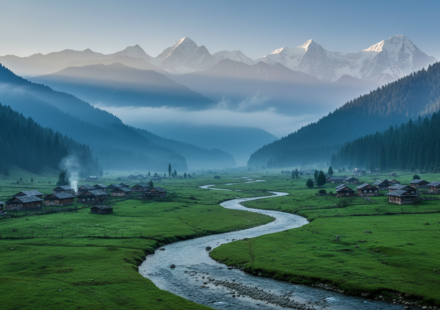 High-angle view of a serene valley in North East India with pine trees, a winding river, and wooden houses under mist.