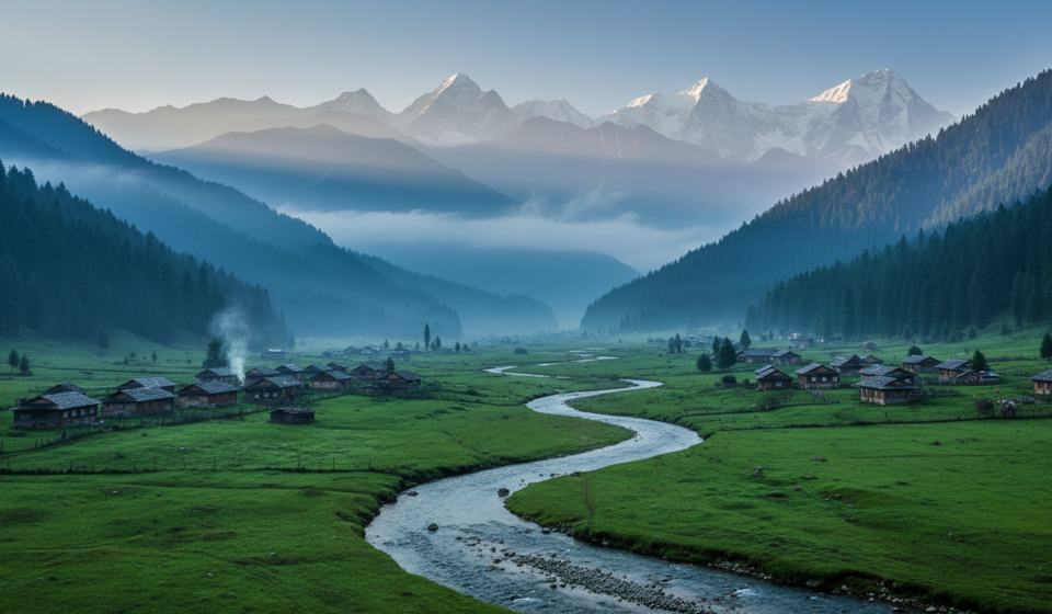 High-angle view of a serene valley in North East India with pine trees, a winding river, and wooden houses under mist.