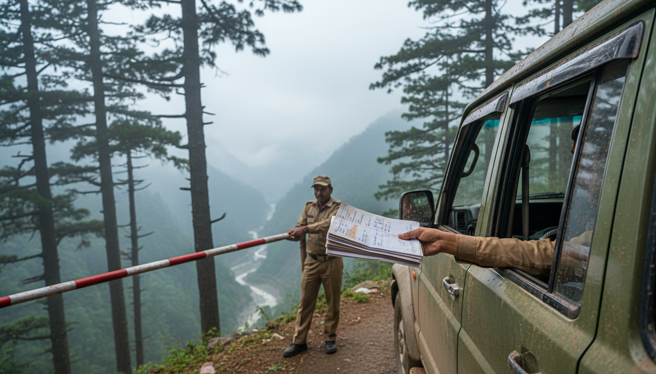 A traveler inside a vehicle handing printed travel permits to an official at a scenic mountain highway checkpost.