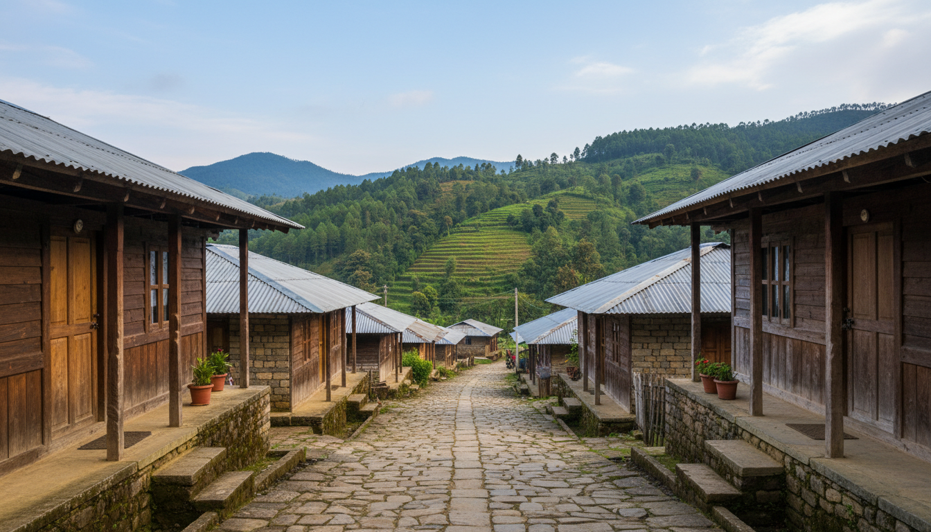 A quiet stone path running through traditional wooden homes and green hills in Dzuleke village, Nagaland.