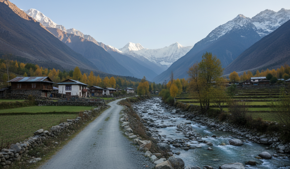 A quiet mountain road winding along a river toward snow-capped Himalayan peaks in a secluded valley.