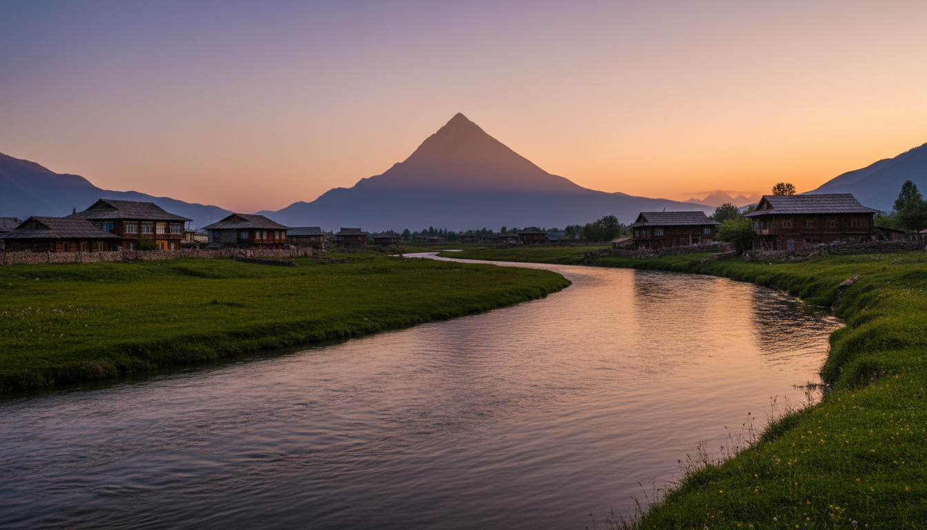 Wooden houses in Gurez Valley along a river with a pyramid-shaped mountain peak illuminated by sunset light.