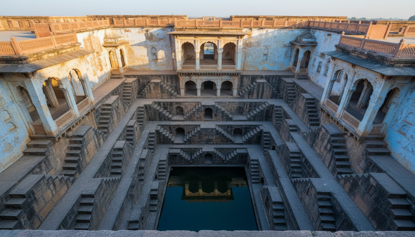 An ancient geometric stone stepwell with blue painted walls and carved arches in Bundi, Rajasthan.