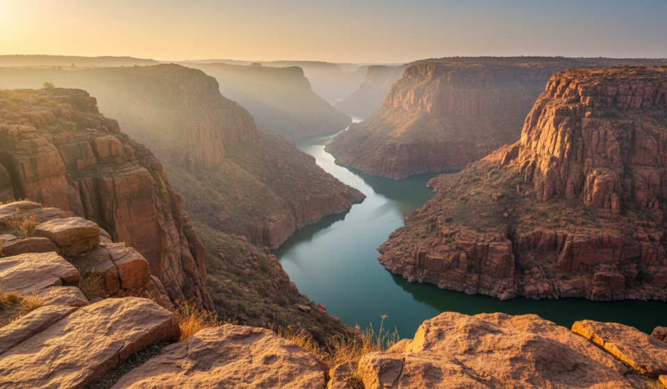 Dramatic red granite cliff face and winding river gorge in Gandikota under soft morning sunlight.