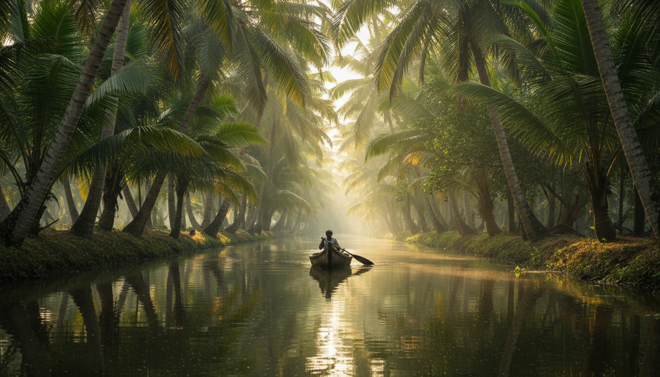 A narrow water canal lined with coconut trees and a small wooden canoe in early morning light.