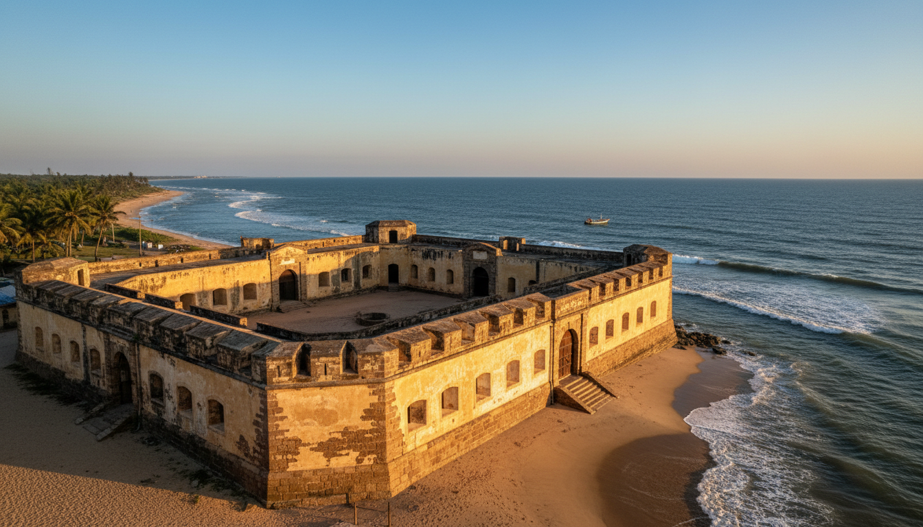 Yellow Danish colonial fortress on a coastal shoreline against a calm ocean backdrop.