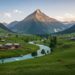 A traditional wooden house on a grassy riverbank in a green valley beneath a sharp mountain peak.