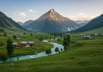 A traditional wooden house on a grassy riverbank in a green valley beneath a sharp mountain peak.