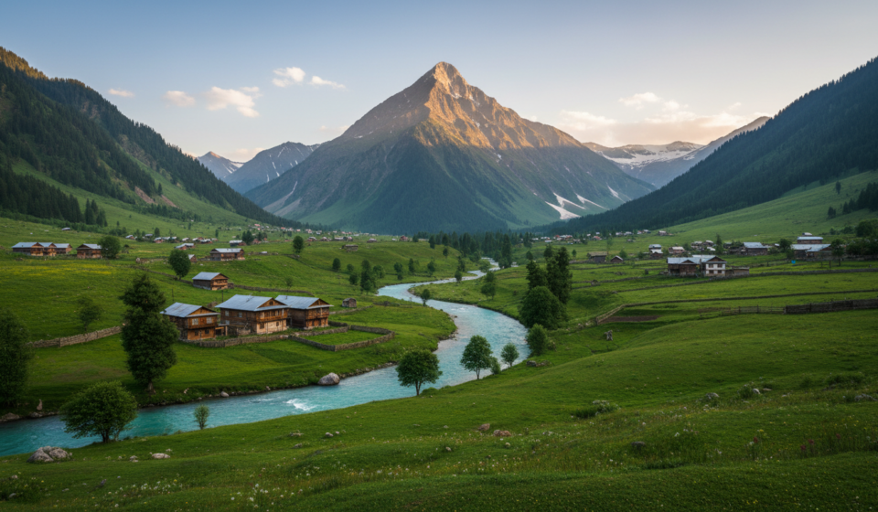 A traditional wooden house on a grassy riverbank in a green valley beneath a sharp mountain peak.