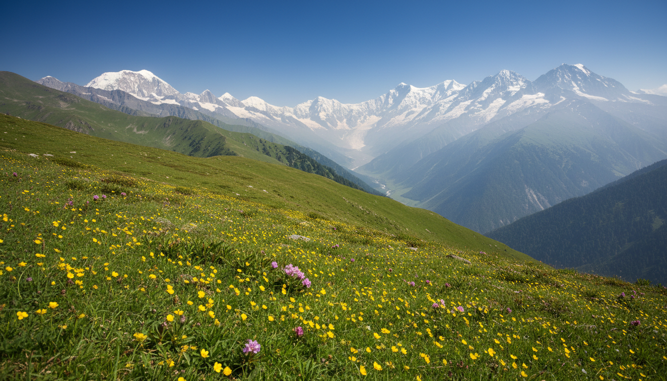 Rolling green mountain ridge with small wildflowers facing distant snow-capped peaks under a blue sky.