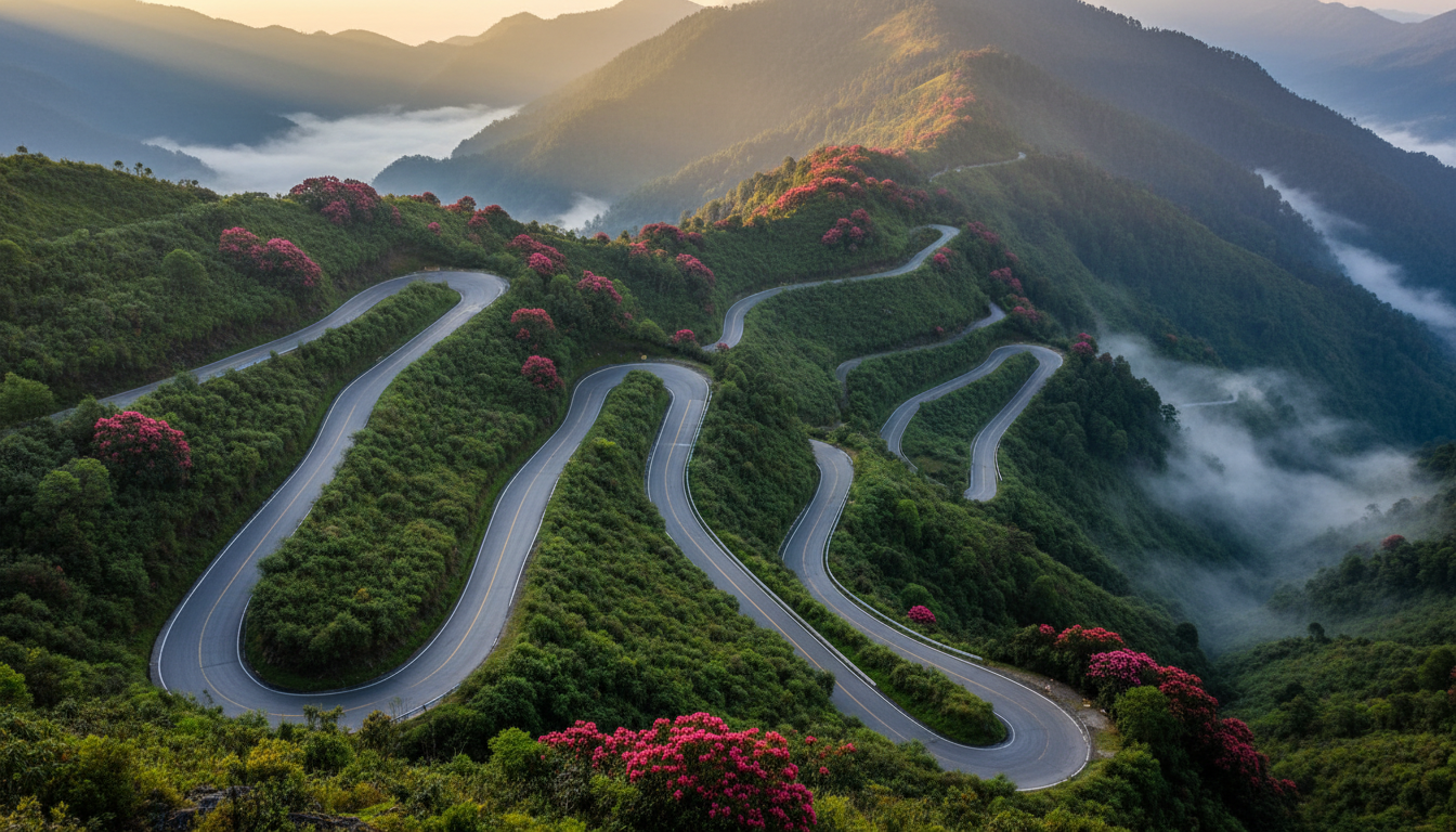 A winding mountain road weaving back and forth along steep green slopes veiled in light morning fog.