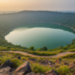 Aerial view looking down into the green water of Lonar Crater Lake surrounded by forested crater walls.