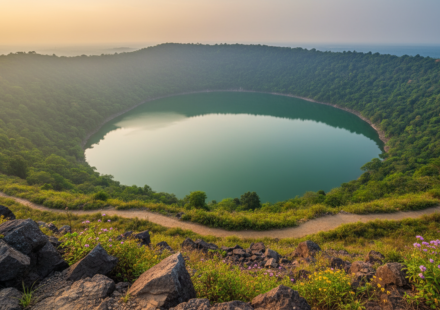Aerial view looking down into the green water of Lonar Crater Lake surrounded by forested crater walls.