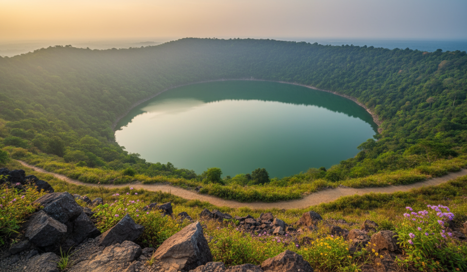 Aerial view looking down into the green water of Lonar Crater Lake surrounded by forested crater walls.