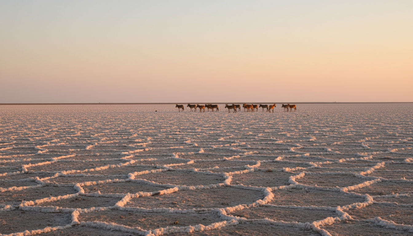 Endless cracked salt flats in the Little Rann of Kutch under a soft dusk sky with wild asses in the background.
