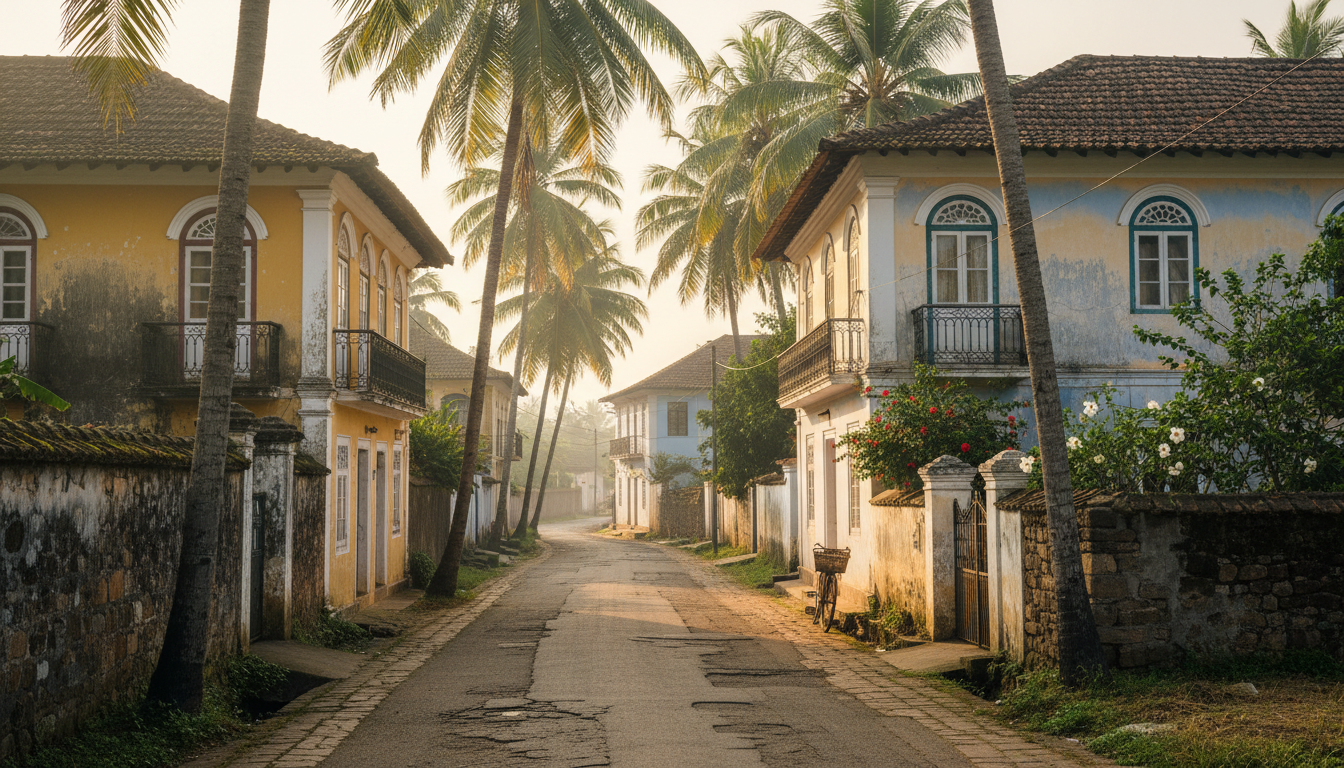 A quiet asphalt road lined with traditional Portuguese-style homes and palm trees on Divar Island.