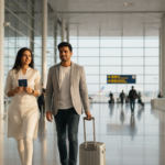 An Indian couple walking through Hong Kong International Airport holding travel documents and a dark blue passport.