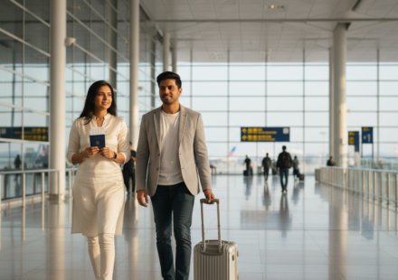 An Indian couple walking through Hong Kong International Airport holding travel documents and a dark blue passport.