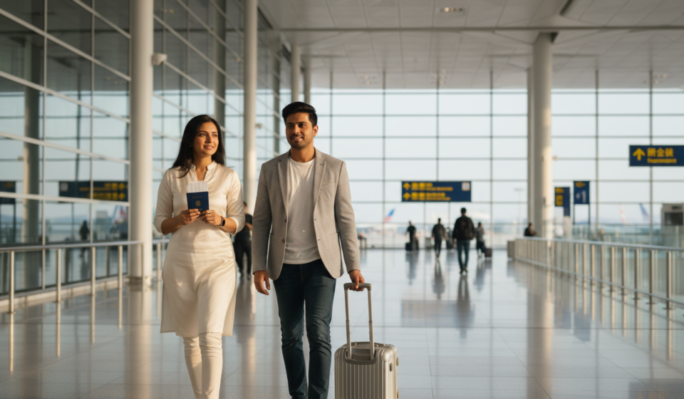 An Indian couple walking through Hong Kong International Airport holding travel documents and a dark blue passport.