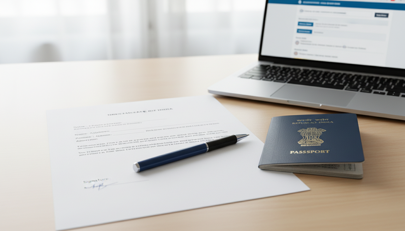 An Indian passport placed beside a printed registration document on blank white A4 paper with a pen.