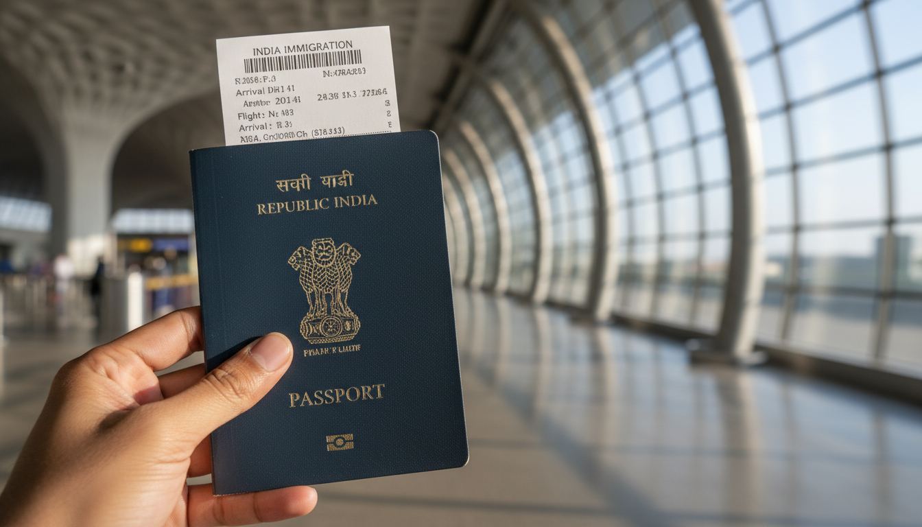 Hands holding an open Indian passport with a small thermal paper entry slip tucked into the pages.
