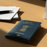 An open Indian passport surrounded by flight itineraries and a marked calendar on a wooden desk.