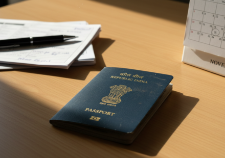 An open Indian passport surrounded by flight itineraries and a marked calendar on a wooden desk.