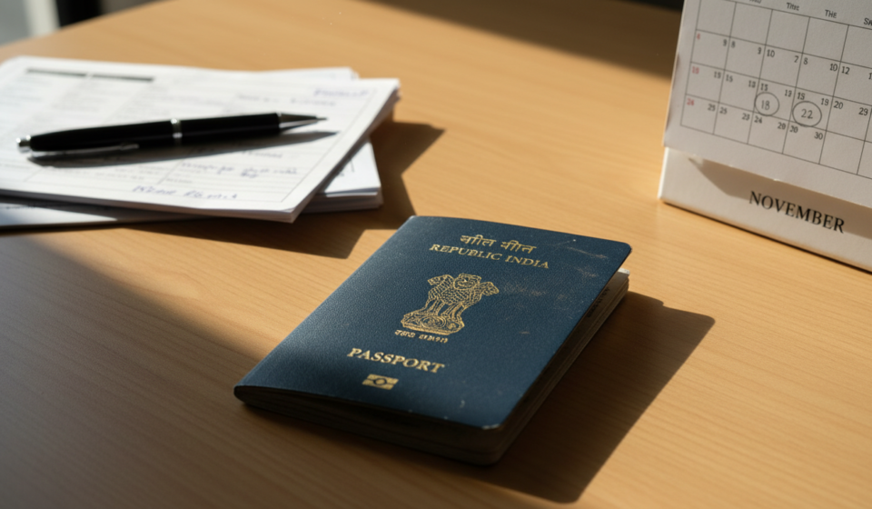 An open Indian passport surrounded by flight itineraries and a marked calendar on a wooden desk.
