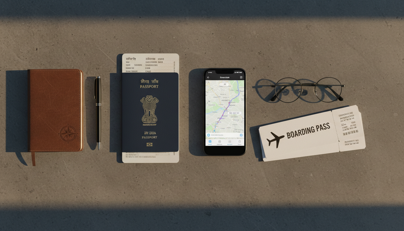 Travel documents, an Indian passport, glasses, and a smartphone arranged neatly on a grey tabletop.